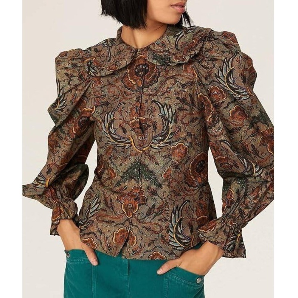 Ulla Johnson Marietta Blouse Green Batik Floral Puff Sleeve Ruffle Top Sz 4